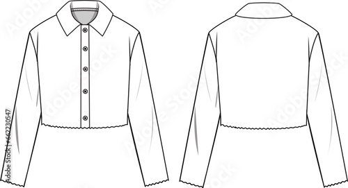 Women's Button-up, Polo Neck, Crop Knit Cardigan- Technical fashion illustration. Front and back, white color. Women's CAD mock-up.
