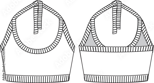 Women's Tie Detail, Cropped Knit Top- Technical fashion illustration. Front and back, white color. Women's CAD mock-up.