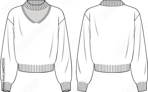 Women's Mock Neck, Cut Out Sweater - Technical fashion illustration. Front and back, white color. Women's CAD mock-up.