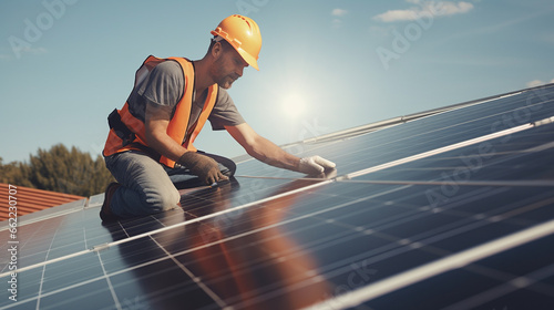 Engineer or electrician working on replacement solar panel at solar power plant,Concept solar power plant to innovation of green energy for life photo