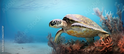 Marine turtle and underwater coral With copyspace for text