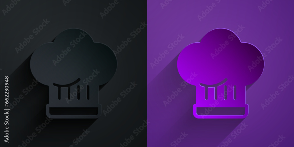 Paper cut Chef hat icon isolated on black on purple background. Cooking symbol. Cooks hat. Paper art style. Vector Paper cut Chef hat icon isolated on black on purple background. Cooking symbol. Cooks hat. Paper art style. Vector