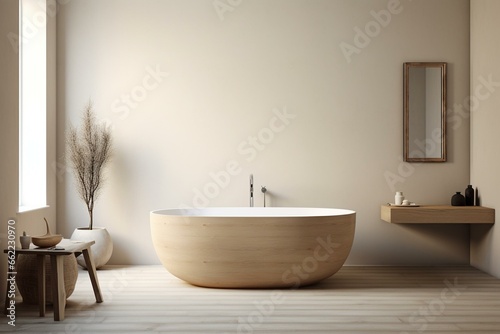 Minimalist bathroom with white and bleached tones, featuring a freestanding bathtub and wooden washbasin. Generative AI