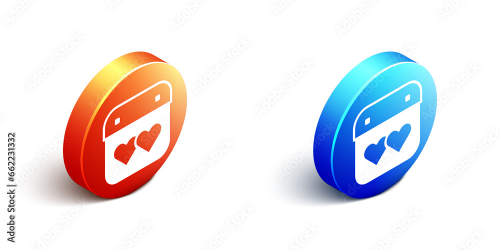 Obraz premium Isometric Calendar with heart icon isolated on white background. Valentines day. Love symbol. February 14. Orange and blue circle button. Vector