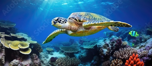 Maui s reef hosts green sea turtles With copyspace for text