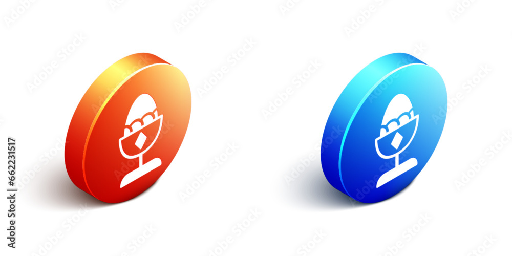 Obraz premium Isometric Chicken egg on a stand icon isolated on white background. Orange and blue circle button. Vector
