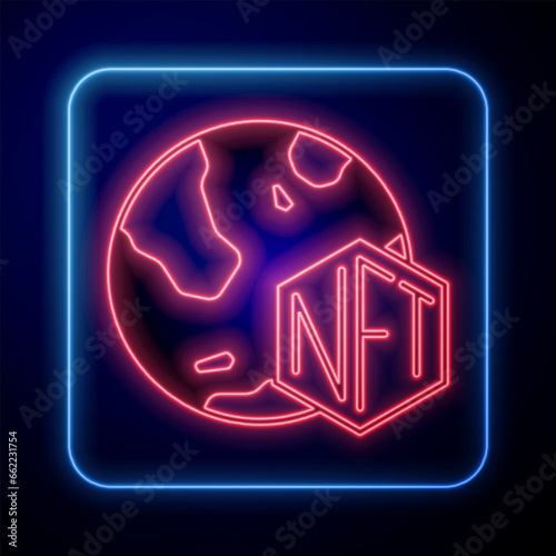 Glowing neon NFT Digital crypto art icon isolated on black background. Non fungible token. Vector