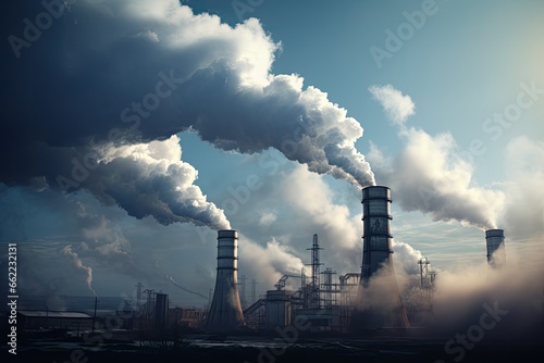 A factory with smoking chimneys. Air pollution and global warming concept.