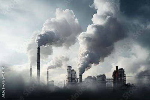 A factory with smoking chimneys. Air pollution and global warming concept. photo