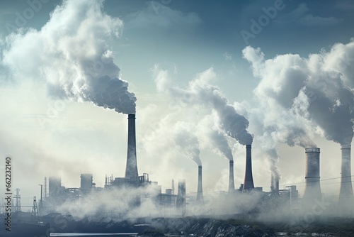 A factory with smoking chimneys. Air pollution and global warming concept.