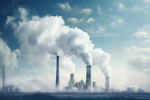 A factory with smoking chimneys. Air pollution and global warming concept. © Simon