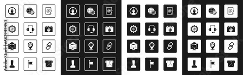 Set Mail and e-mail, Headphones, Create account screen, Calendar with email, Earth globe, Chain link and Chat messages notification monitor icon. Vector