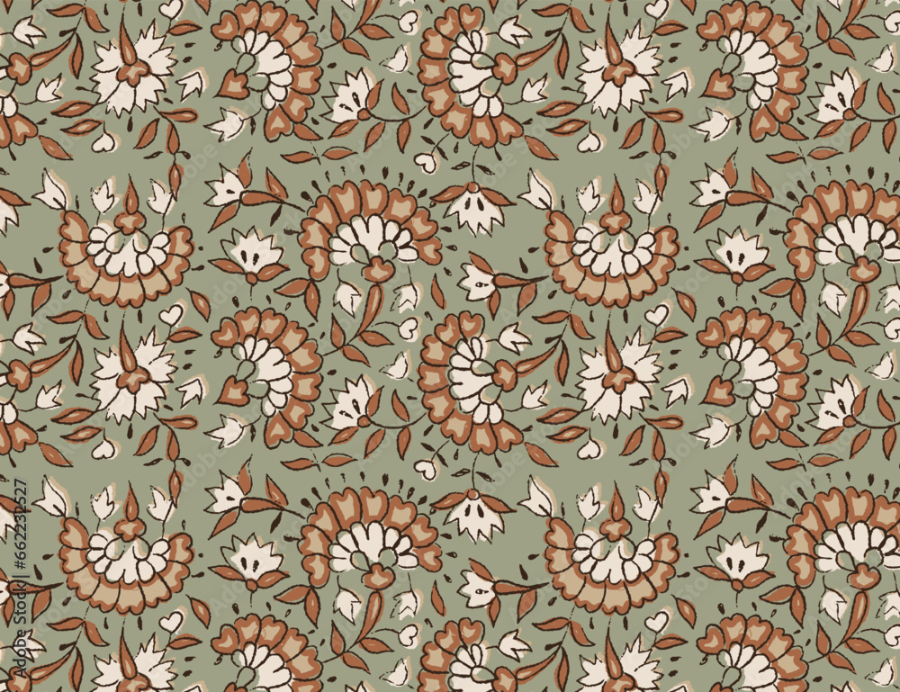 Hand-drawn batik seamless pattern block print floral vector