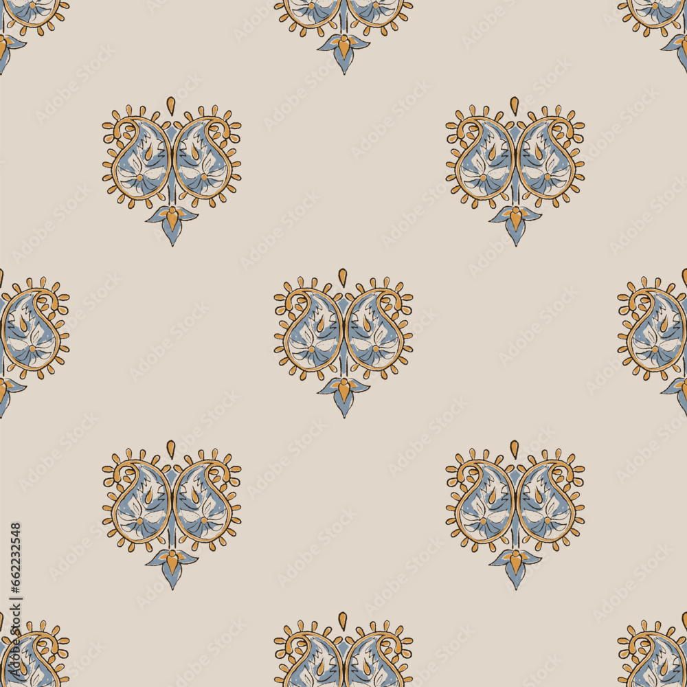 Digital Ajrakh seamless pattern block print floral batik vector