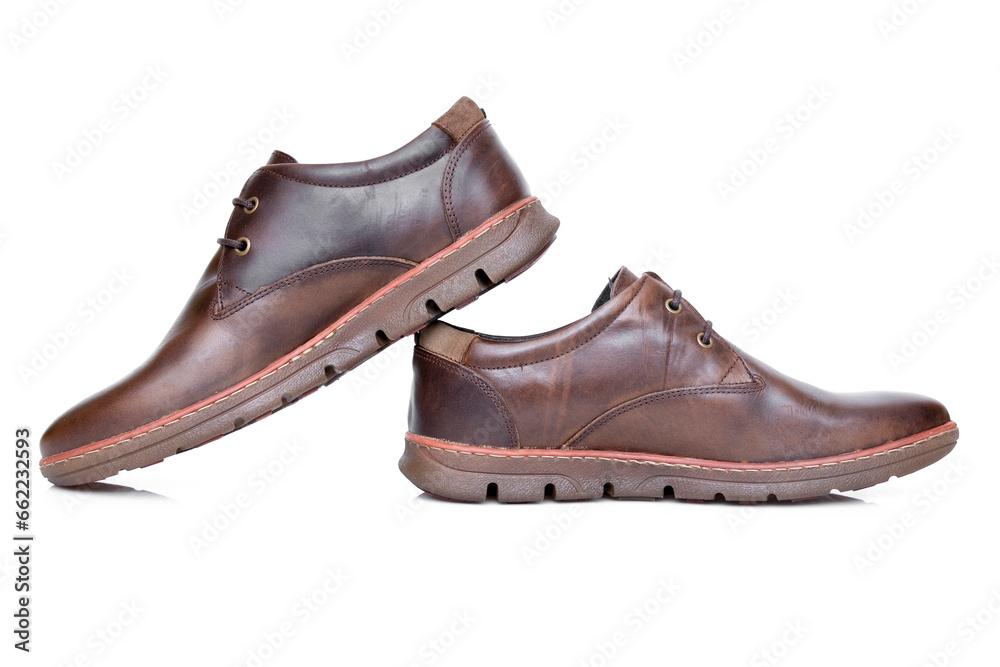 Male brown leather shoes on white background, isolated product. Male brown leather shoes on white background, isolated product.