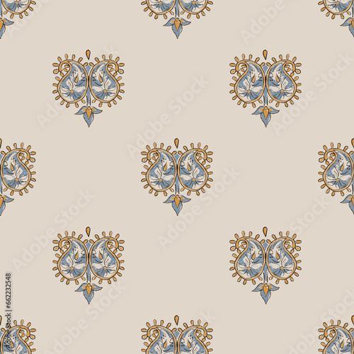 Digital Ajrakh seamless pattern block print floral batik vector