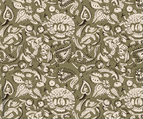 Hand drawn floral paisley seamless print in block print style vector