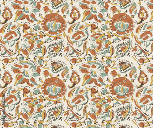 Hand drawn floral paisley seamless print in block print style vector