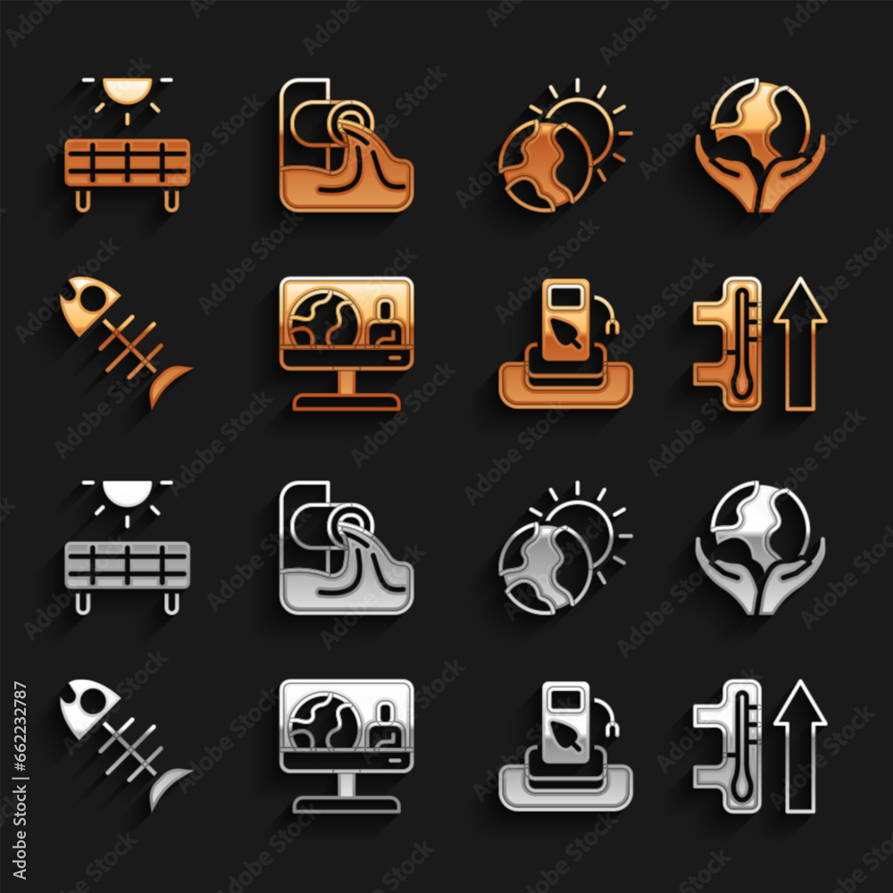 Set Weather forecast, Hand holding Earth globe, Global warming, Petrol gas station, Dead fish, Solar energy panel and Wastewater icon. Vector Set Weather forecast, Hand holding Earth globe, Global warming, Petrol gas station, Dead fish, Solar energy panel and Wastewater icon. Vector