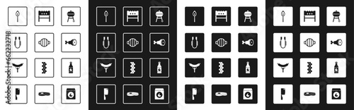 Set Barbecue grill, Meat tongs, Burning match with fire, Chicken leg, BBQ brazier, Tabasco sauce and Sausage the fork icon. Vector