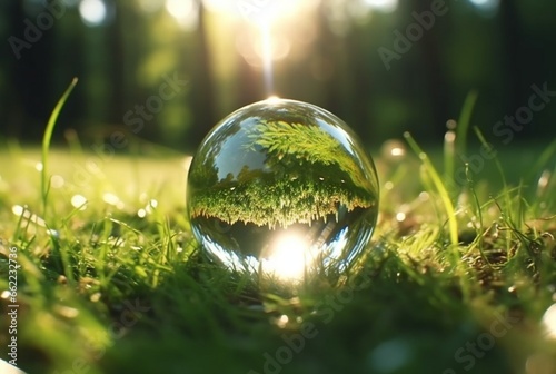 the glass ball on the green grass reflected nature landscape. generative ai