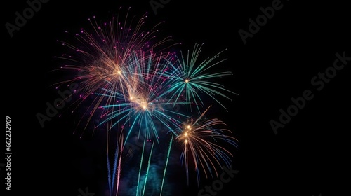 Multicolor fireworks explosion in night sky. Black background.