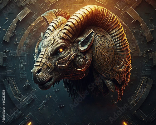 Golden aries head side view scifi style color illustration generative AI