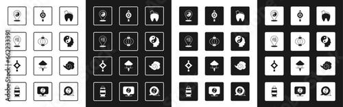 Set Chinese fortune cookie, paper lantern, New Year, Yin Yang symbol, Magic fog smoke and icon. Vector