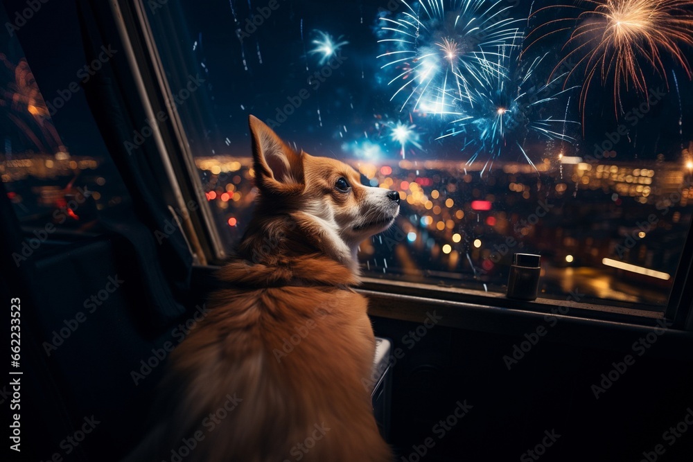 Dog looking out of the window watching fireworks
