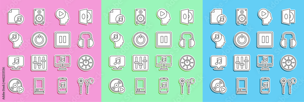 Set line Air headphones, Dial knob level technology settings, Headphones, people with play button, Power, Musical note human, book and Pause icon. Vector Set line Air headphones, Dial knob level technology settings, Headphones, people with play button, Power, Musical note human, book and Pause icon. Vector