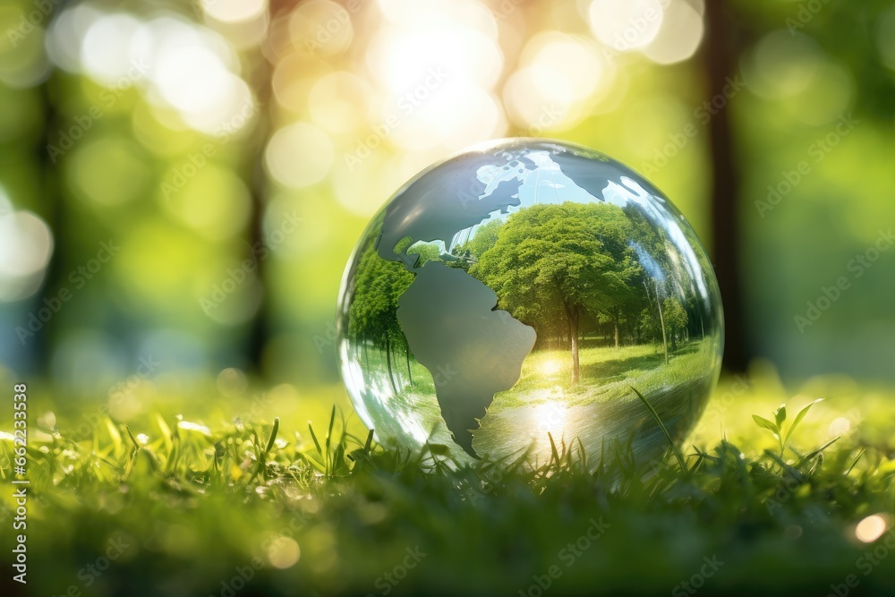 Transparent sphere in a green environment showing the world map. Environmental protection and green nature concept.