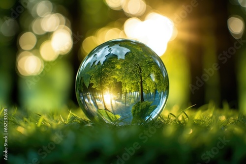 Transparent sphere in a green environment. Environmental protection and green nature concept.