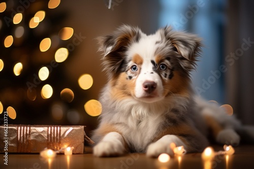 Australian shepherd puppy dog between christmas presents