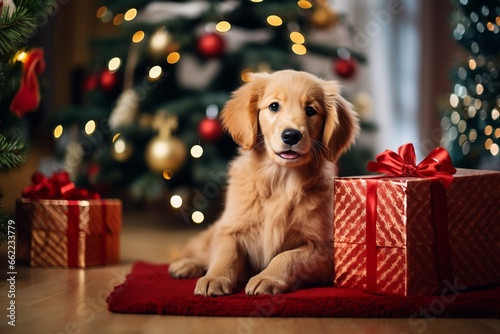 Cute golden Retriever puppy dog with christmas presents