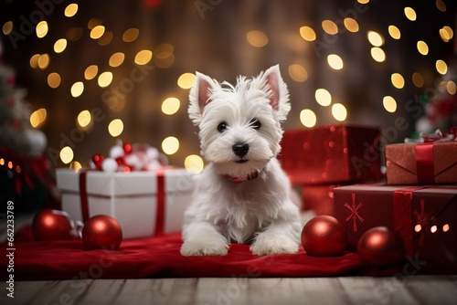West Highland White Terrier dog between christmas presents photo