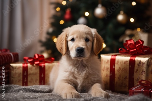 Cute golden Retriever puppy dog with christmas presents