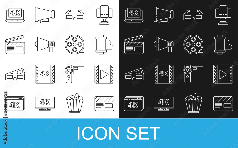 Set line Movie clapper, Play Video, Camera vintage film roll cartridge, 3D cinema glasses, Megaphone, Laptop with 4k video and Film reel icon. Vector