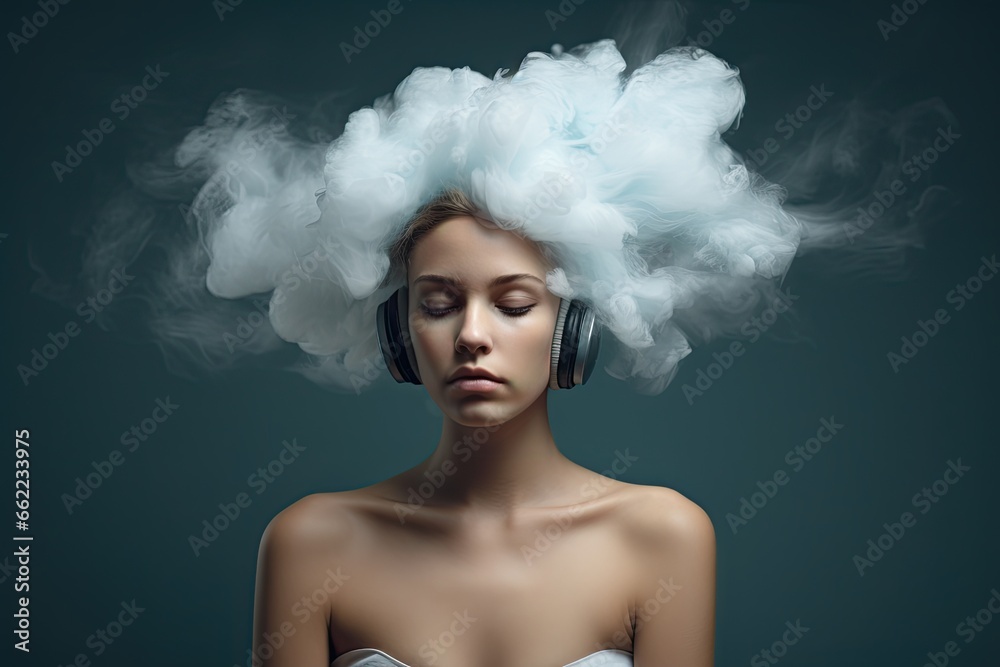 Depression and mental health concept. A woman with closed eyes has her head covered in clouds. Depression and mental health concept. A woman with closed eyes has her head covered in clouds.