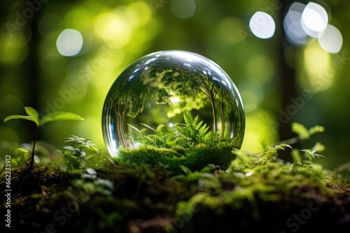 Transparent sphere in a green environment. Environmental protection and green nature concept.