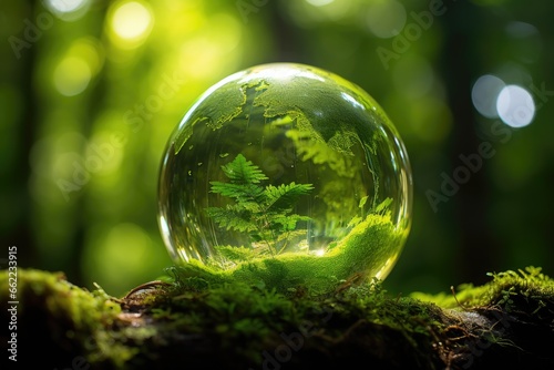 Transparent sphere in a green environment. Environmental protection and green nature concept. © Simon