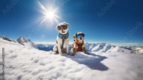 Two funny dogs with sunglasses on snow covered mountain tops