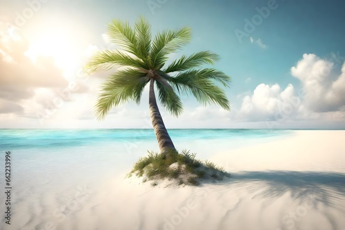Render an image of a solitary palm tree standing tall on a secluded, white-sand beach