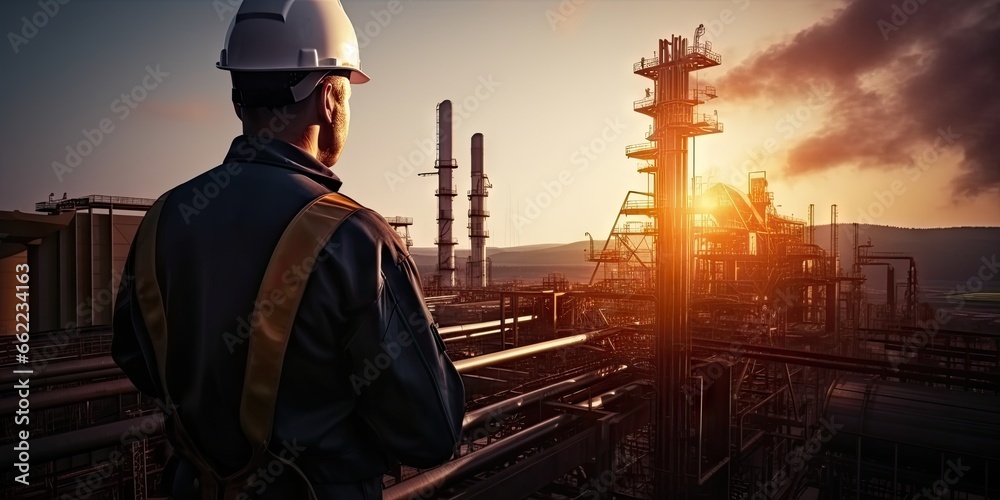 Skilled industrial engineer supervising refinery at sunset. Safety first with hard hat in factory. Mastering petrochemical engineering. Professional at work. Constructing future. Overseeing operations - obrazy, fototapety, plakaty 