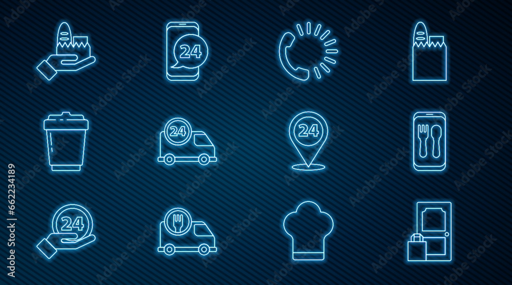 Set line Online ordering and delivery, Food, Fast by car, Coffee cup to go, Round the clock and icon. Vector Set line Online ordering and delivery, Food, Fast by car, Coffee cup to go, Round the clock and icon. Vector