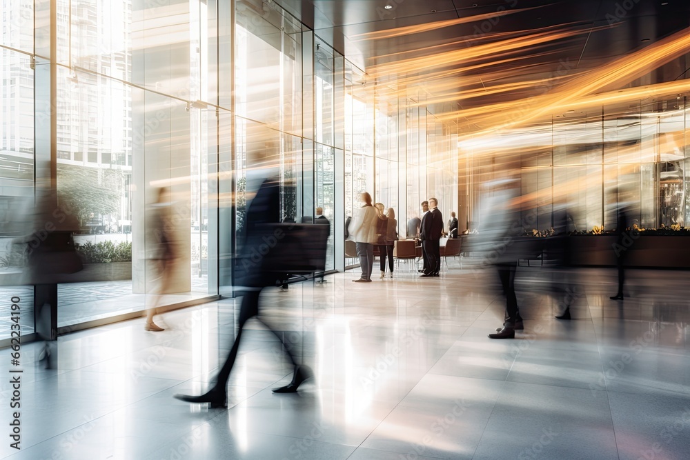 Businesspeople walking at modern office with motion blur effect.