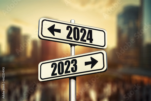 Road signs indicate the path to the new year 2024 and the old year 2023 in modern city with sunset, creative idea. Choose a new road, concept. Change for the better. Business and success © alones