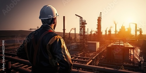 Skilled industrial engineer supervising refinery at sunset. Safety first with hard hat in factory. Mastering petrochemical engineering. Professional at work. Constructing future. Overseeing operations © Thares2020