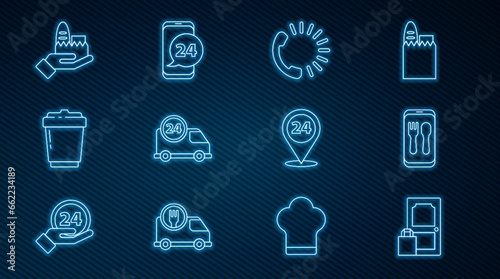 Set line Online ordering and delivery, Food, Fast by car, Coffee cup to go, Round the clock and icon. Vector