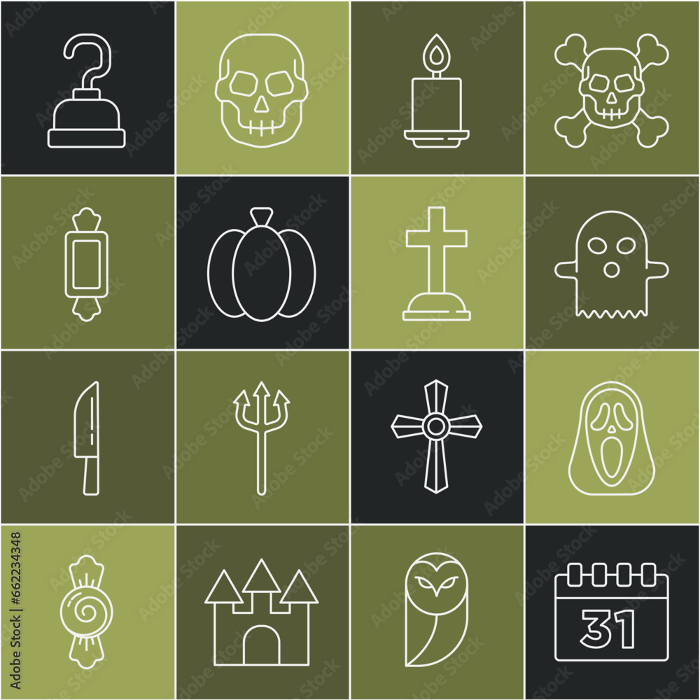 Set line Calendar with Halloween, Funny and scary ghost mask, Ghost, Burning candle, Pumpkin, Candy, Pirate hook and Tombstone cross icon. Vector Set line Calendar with Halloween, Funny and scary ghost mask, Ghost, Burning candle, Pumpkin, Candy, Pirate hook and Tombstone cross icon. Vector