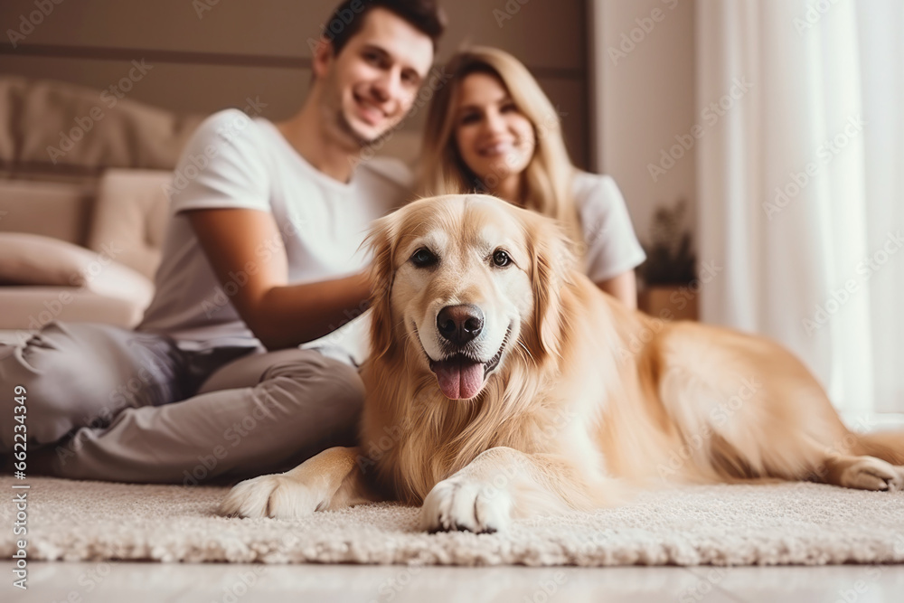 Couple and their dog in living room, relation between people and pet, generative Ai.